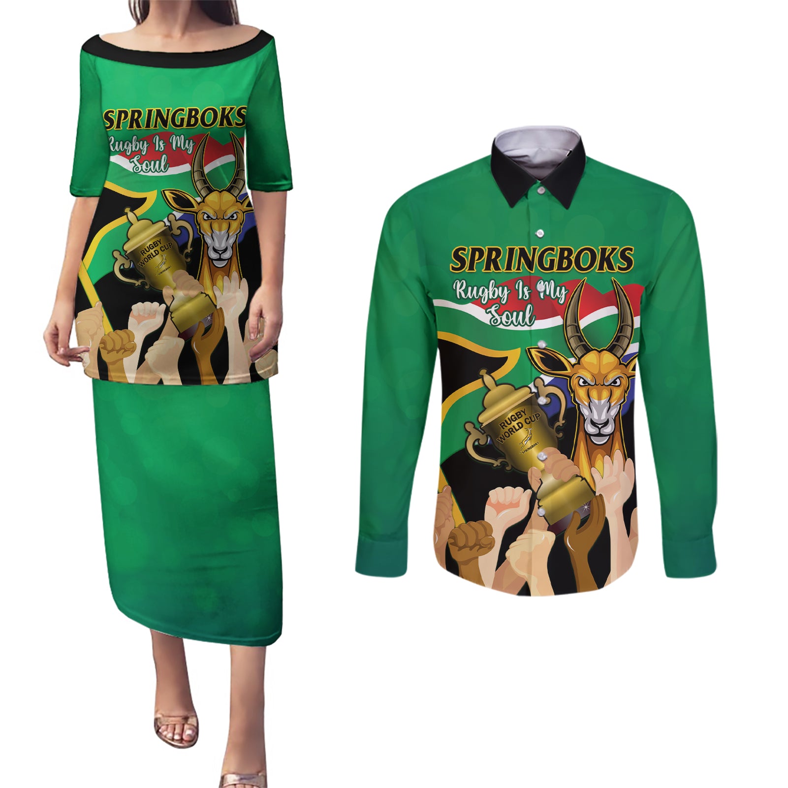 Personalised South Africa Special Holiday Couples Matching Puletasi Dress and Long Sleeve Button Shirt Springboks Champions Celebration Rugby Is My Soul - Wonder Print Shop