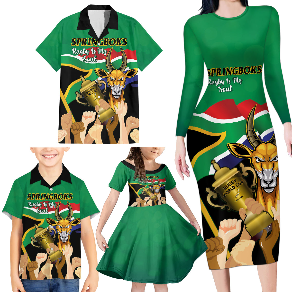 Personalised South Africa Special Holiday Family Matching Long Sleeve Bodycon Dress and Hawaiian Shirt Springboks Champions Celebration Rugby Is My Soul - Wonder Print Shop