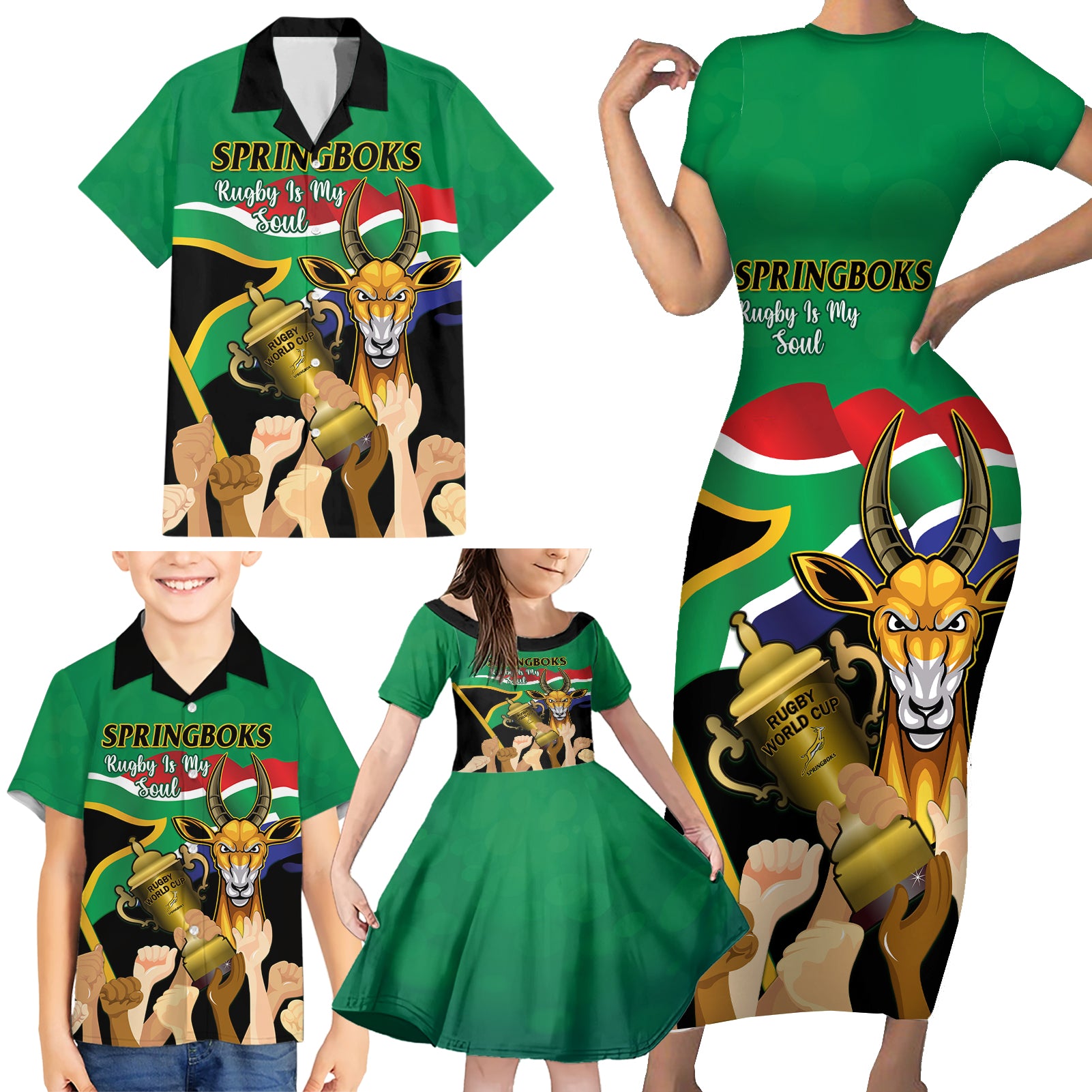 Personalised South Africa Special Holiday Family Matching Short Sleeve Bodycon Dress and Hawaiian Shirt Springboks Champions Celebration Rugby Is My Soul - Wonder Print Shop