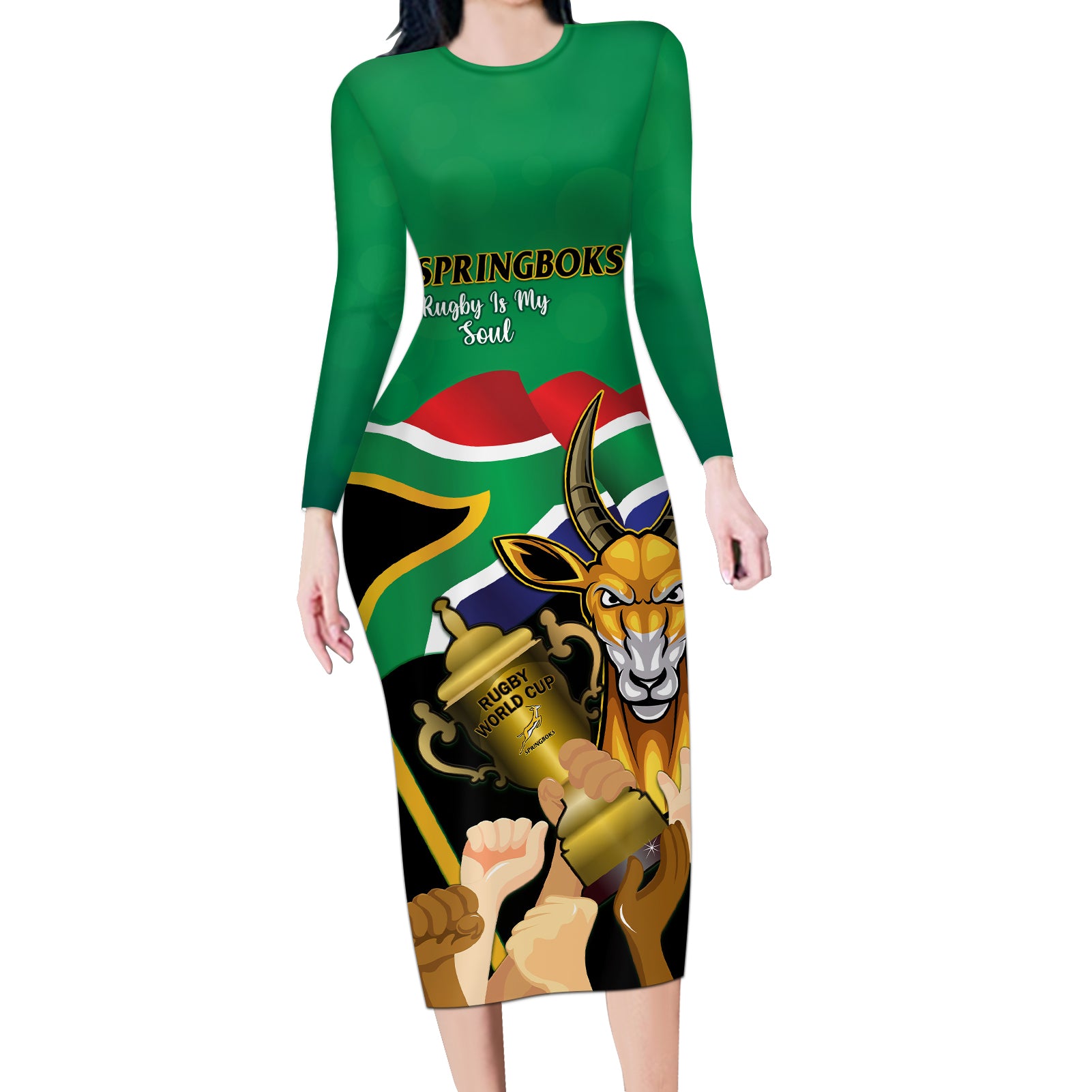 Personalised South Africa Special Holiday Long Sleeve Bodycon Dress Springboks Champions Celebration Rugby Is My Soul - Wonder Print Shop