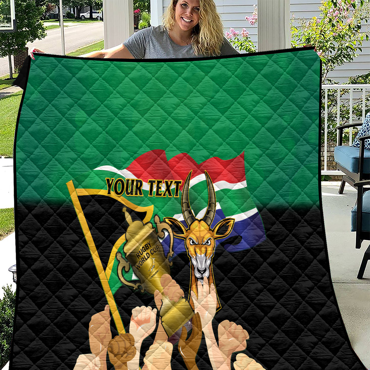 Personalized South Africa rugby quilt, green and black quilt with flag and custom text