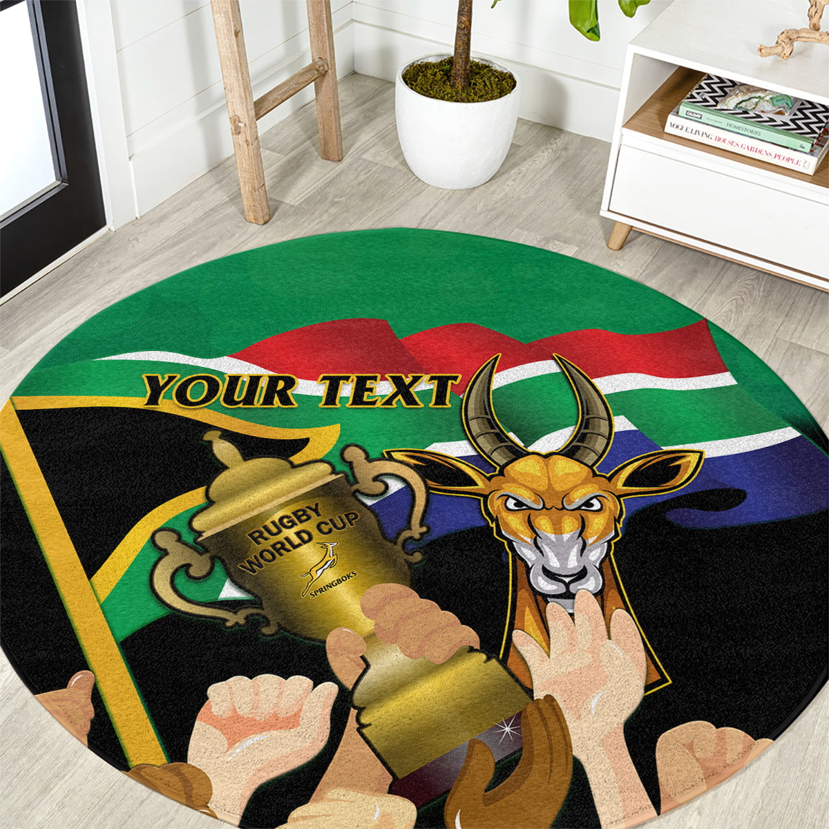 Round green rug with South Africa flag stripes, rugby bull mascot, and 'YOUR TEXT'.