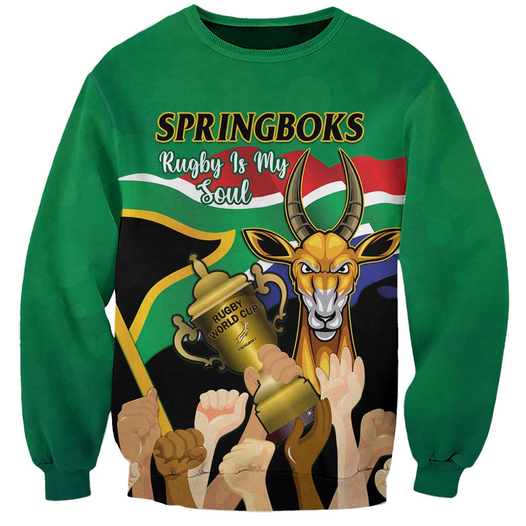 Green unisex sweatshirt, front graphic with SPRINGBOKS and 'Rugby Is My Soul'