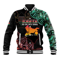 Black baseball jacket with Kenya map graphic, green accents, striped ribbed collar and cuffs.