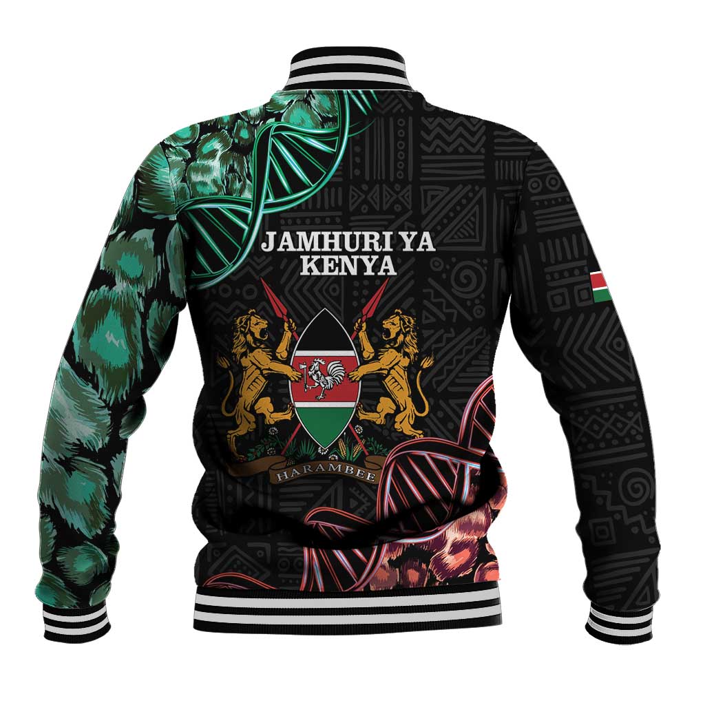 Black baseball jacket back with Jamhuriya Kenya text, lions crest, green leaf pattern.