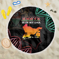 Black round beach blanket with Kenya map, fringe, “Kenya is in my DNA,” animal silhouettes