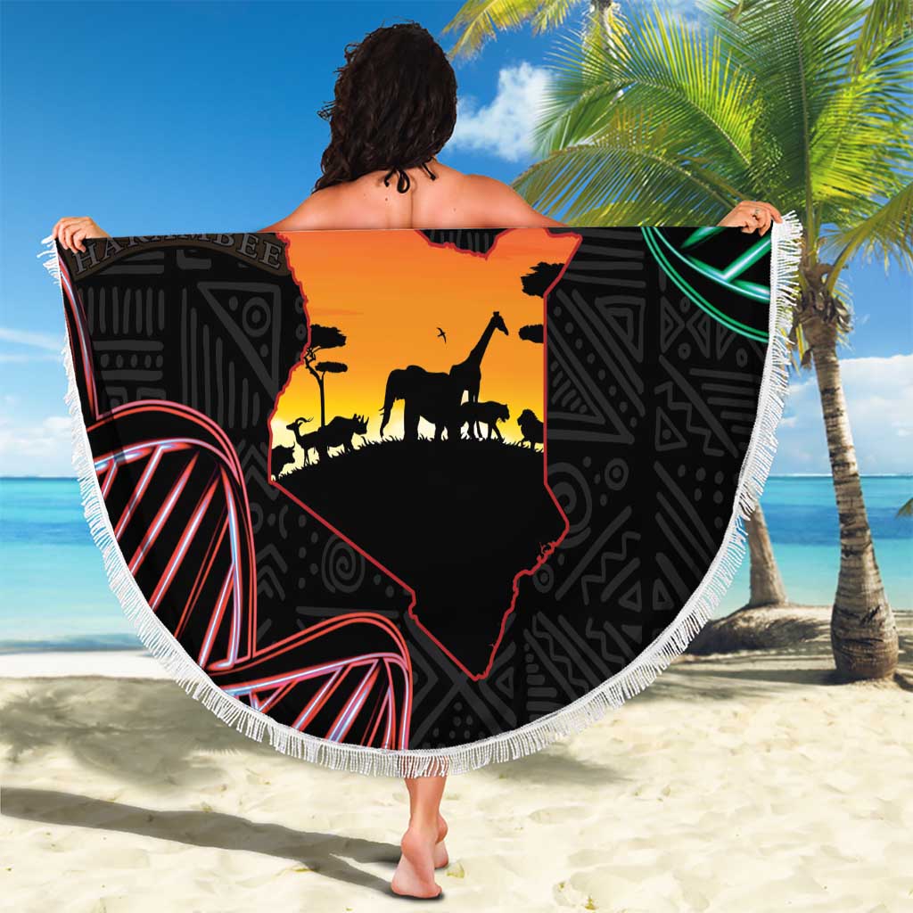 Black round beach blanket with Kenya map, fringe, “Kenya is in my DNA,” red pattern lines