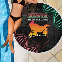 Black round beach blanket with Kenya map, fringe, “Kenya is in my DNA,” green swirls