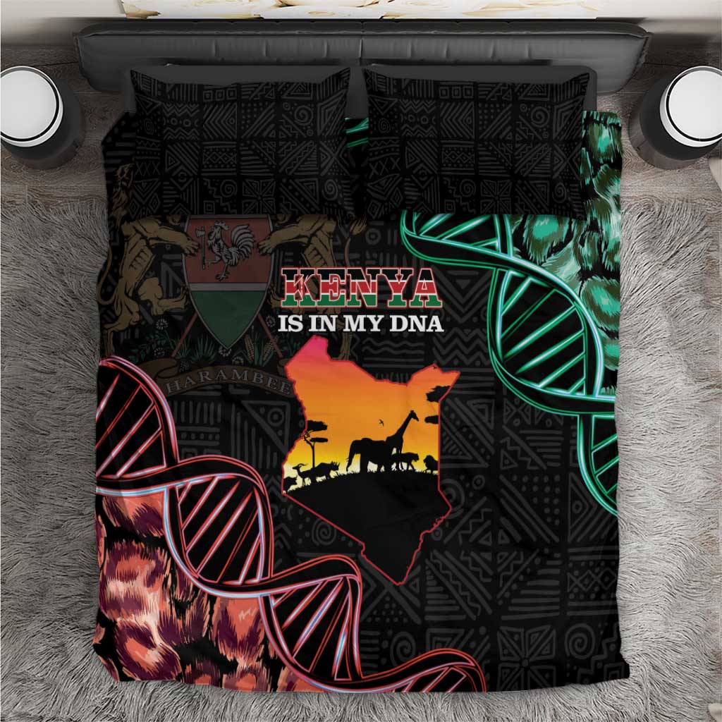 Black bedding set with Kenya map, zebra graphic, green circular design; includes pillowcases