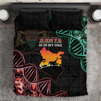 Black bedding set with Kenya map, zebra graphic, green circular design; includes pillowcases