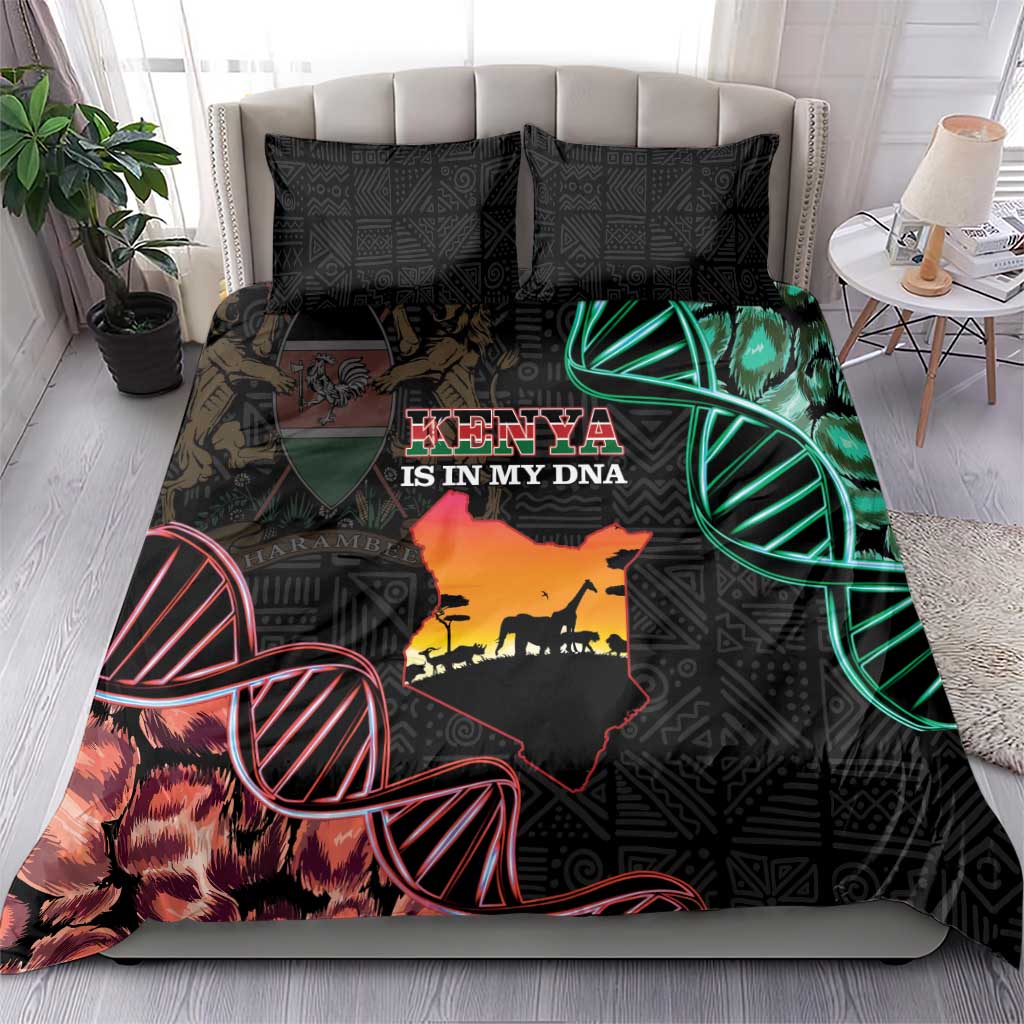Black Kenya-themed bedding set with Kenya map, zebra print, and green circle pattern; on bed