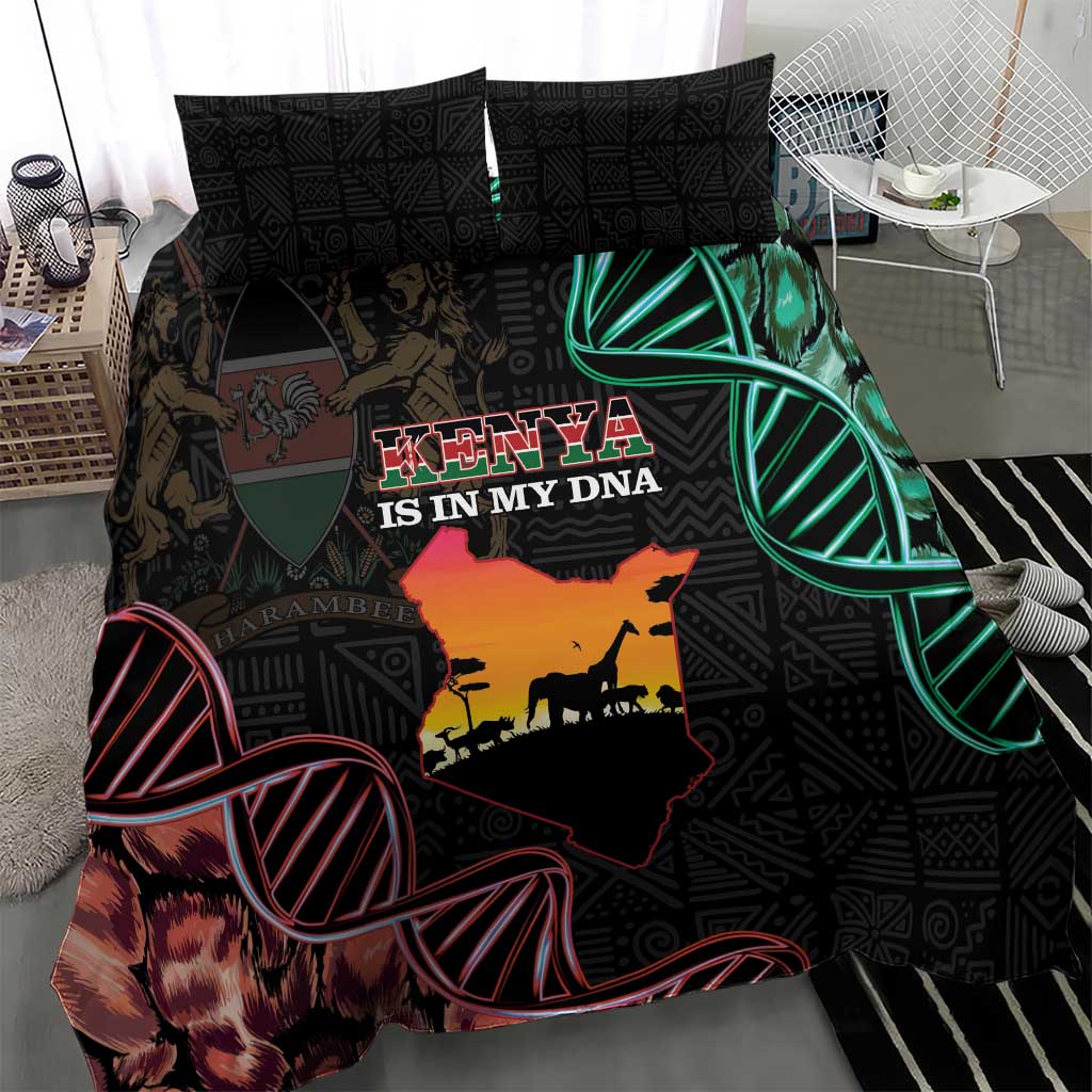 Black duvet cover bedding set with Kenya map graphic, zebra artwork, green circular design