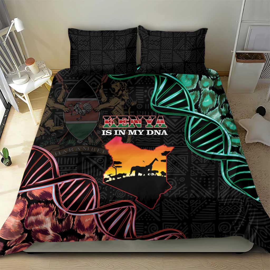 Black bedding set with Kenya map, zebra and multicolor emblems, green circular pattern