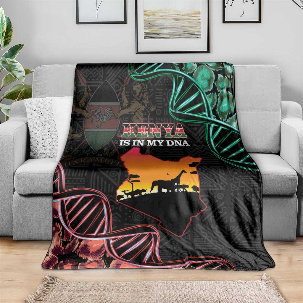 Black Kenya map blanket with 'KENYA IS IN MY DNA' lettering, green accents, and red patterns.