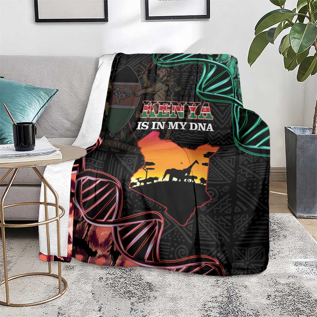 Black Kenya map blanket with 'KENYA IS IN MY DNA' print, green accents, and red outlines.