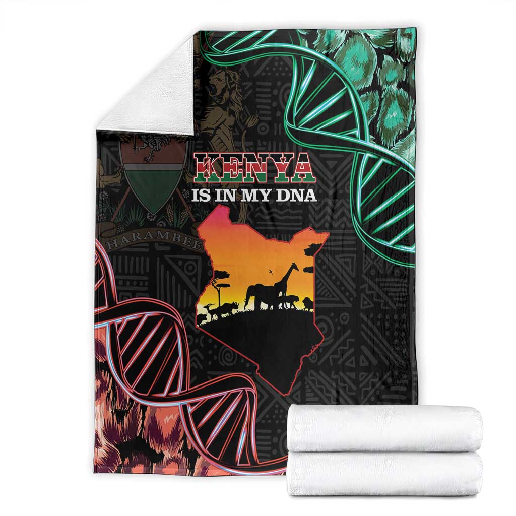 Folded black Kenya map blanket with 'KENYA IS IN MY DNA' text and green-red graphic accents.