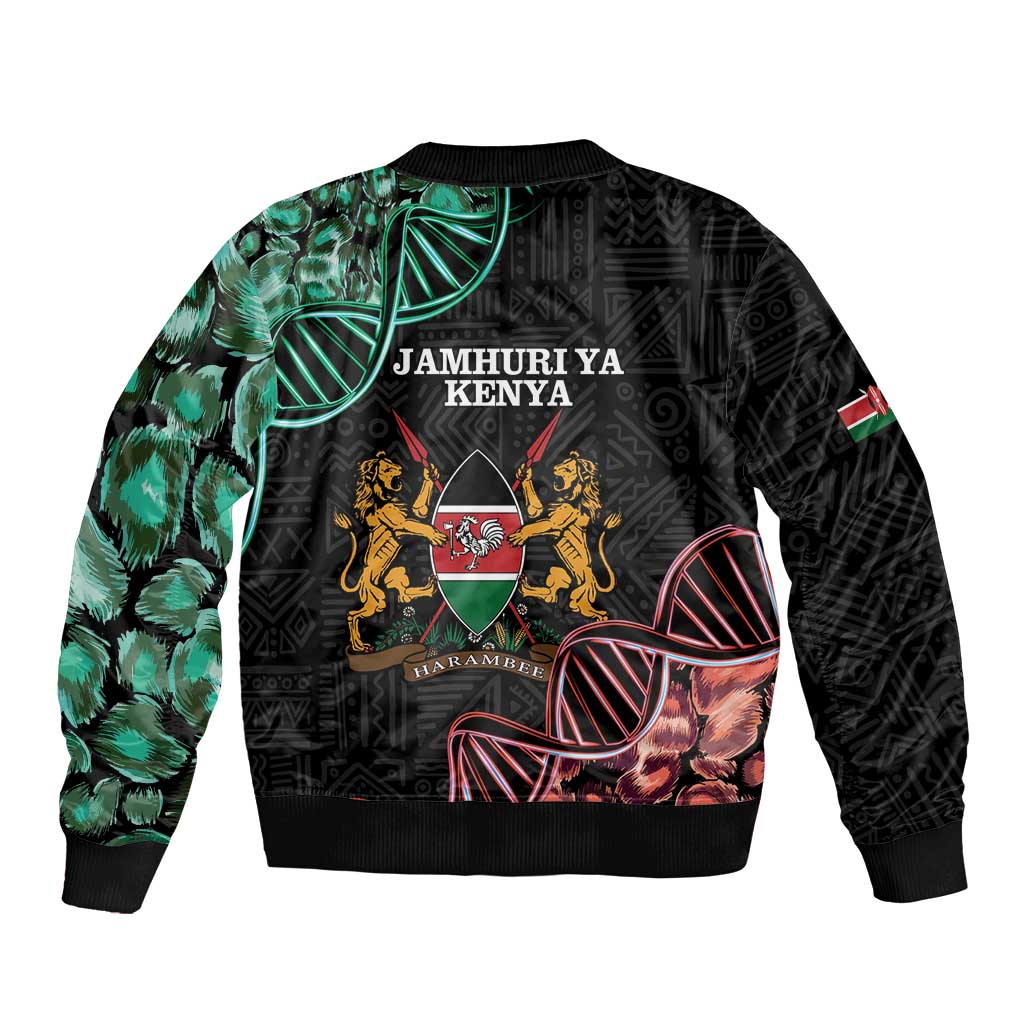 Black bomber jacket with Jamhuri Ya Kenya text and lion crest artwork