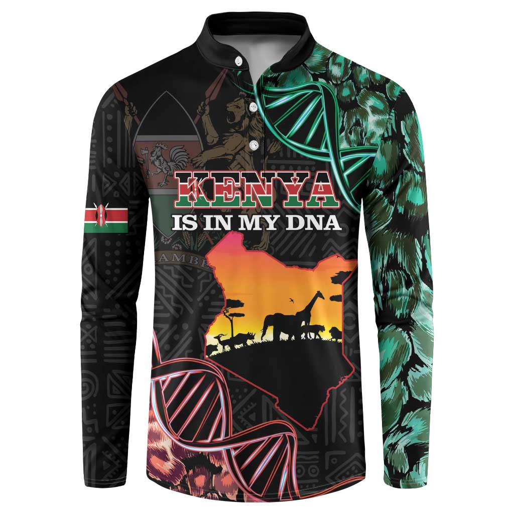 Black button sweatshirt with Kenya map and green lion graphic, long sleeves