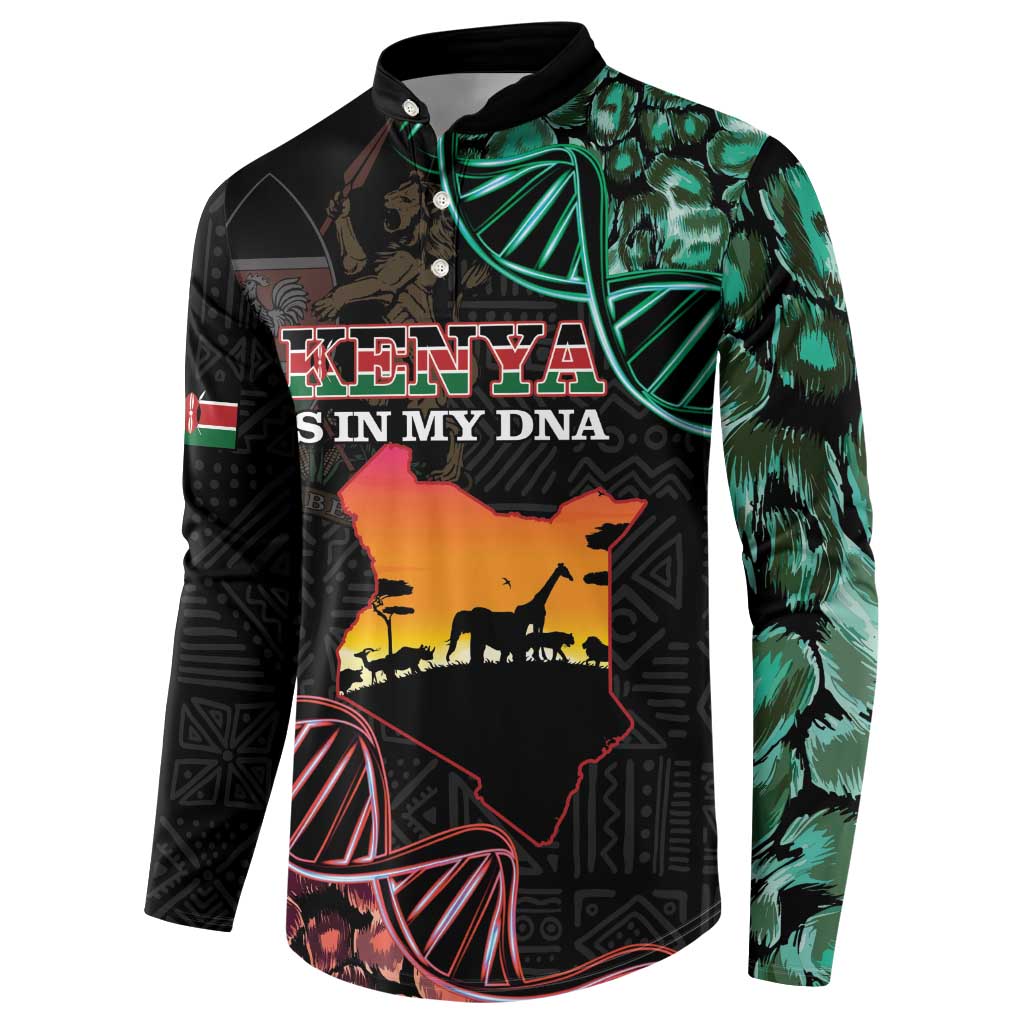 Black and green button henley sweatshirt with Kenya text logo, map and ornaments