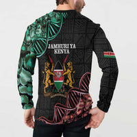 Black long-sleeve button sweatshirt with 'Jamhuriya Kenya' back print and lion crest