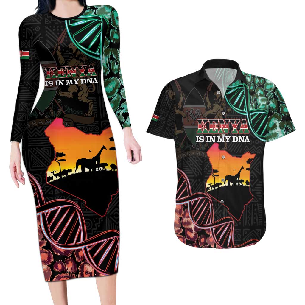 Kenya Is In My DNA Couples Matching Long Sleeve Bodycon Dress and Hawaiian Shirt Kenyan Map Happy Jamhuri Day - Wonder Print Shop