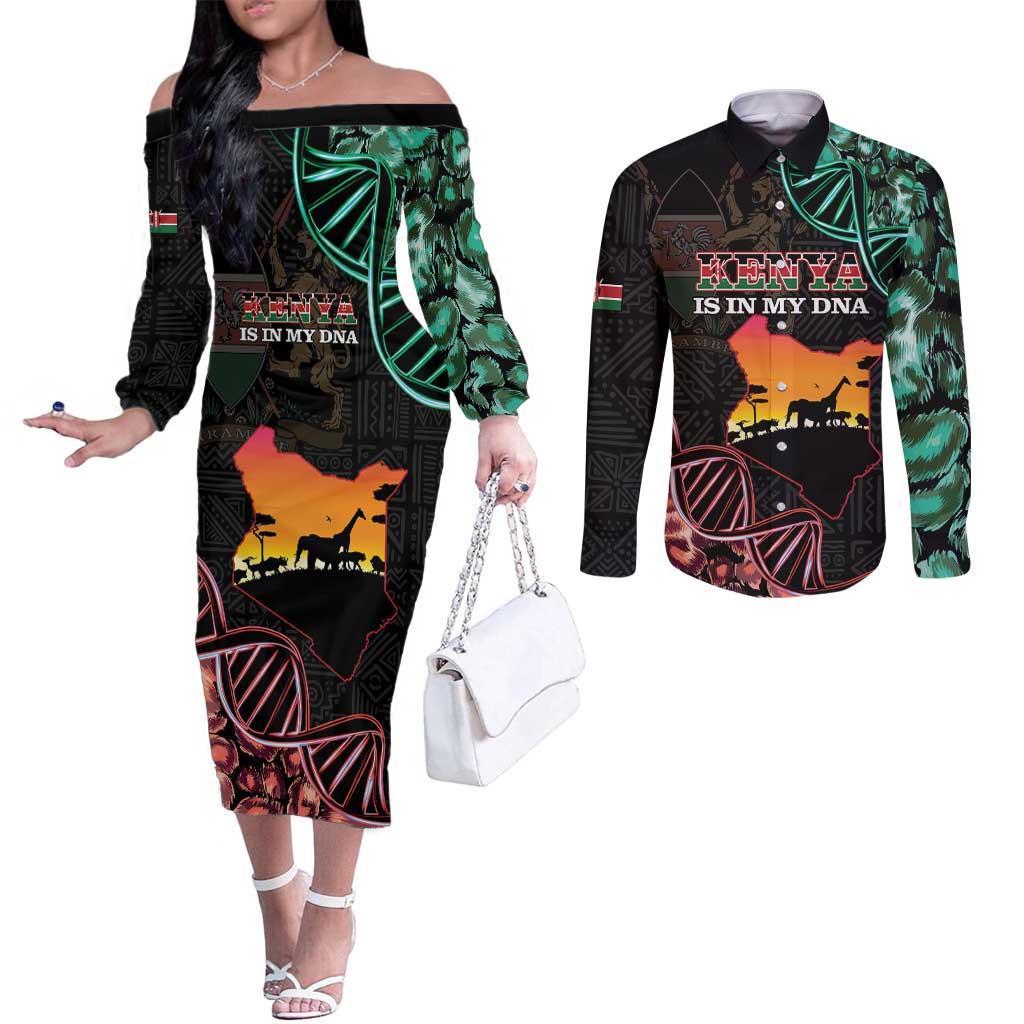 Kenya Is In My DNA Couples Matching Off The Shoulder Long Sleeve Dress and Long Sleeve Button Shirt Kenyan Map Happy Jamhuri Day