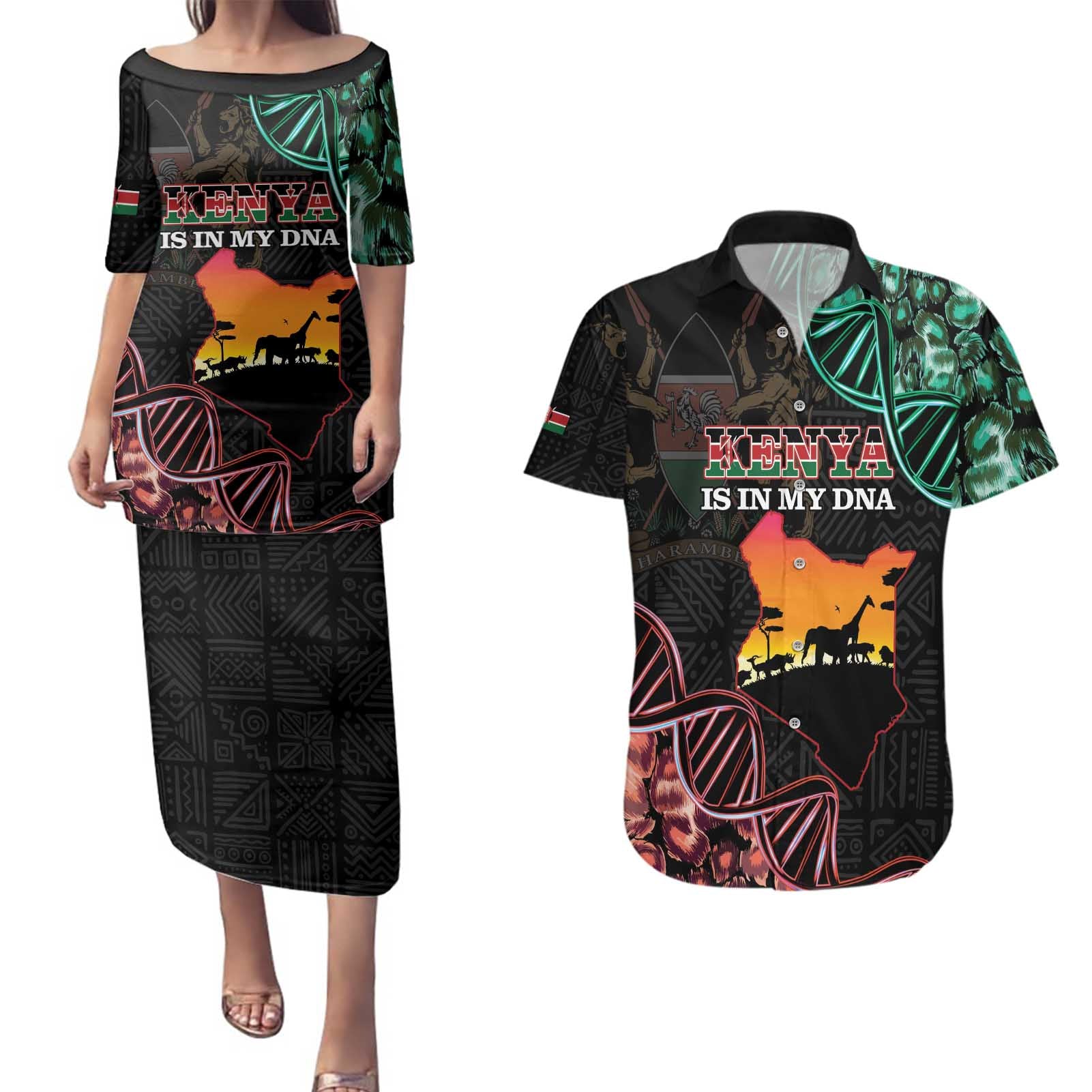 Kenya Is In My DNA Couples Matching Puletasi and Hawaiian Shirt Kenyan Map Happy Jamhuri Day - Wonder Print Shop