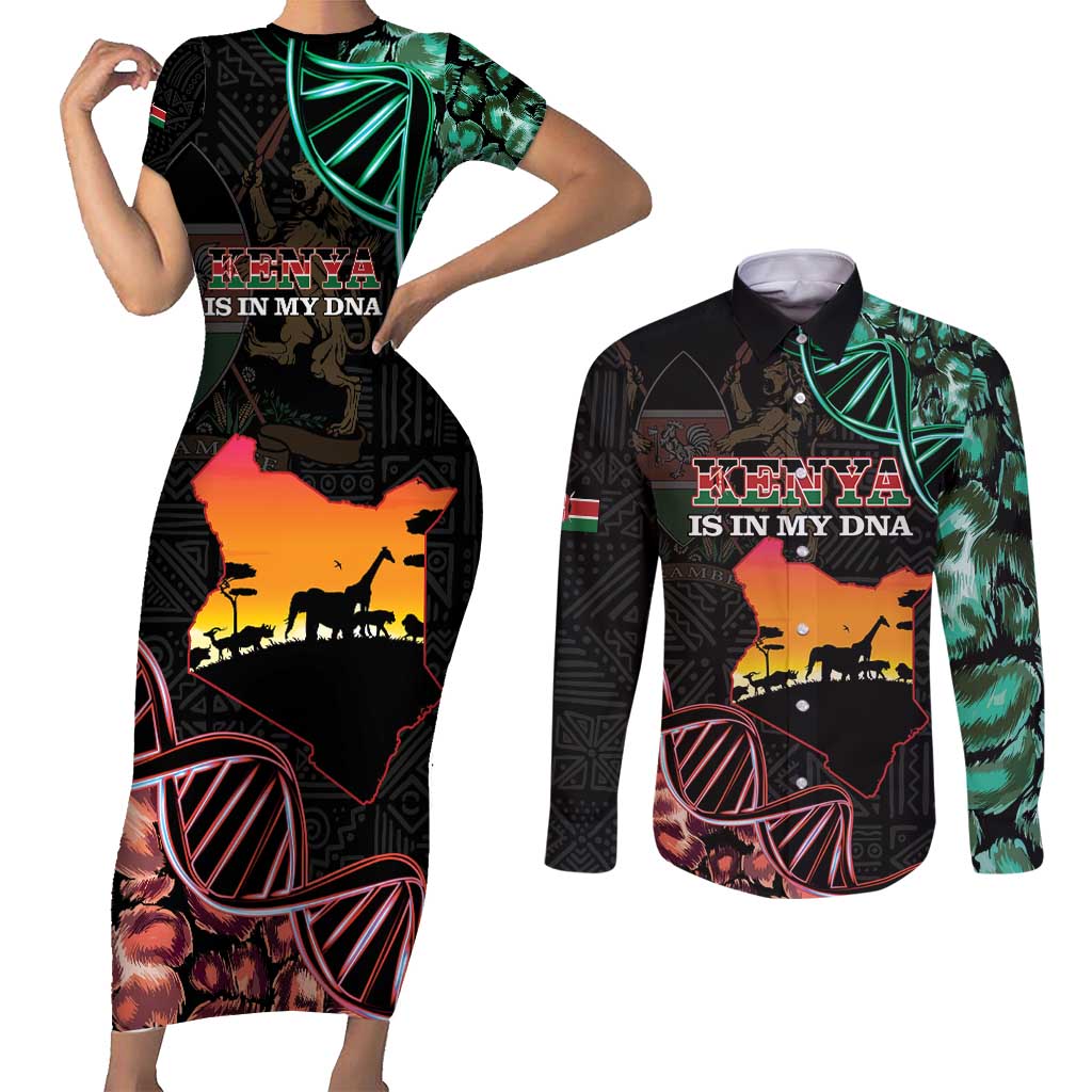 Kenya Is In My DNA Couples Matching Short Sleeve Bodycon Dress and Long Sleeve Button Shirt Kenyan Map Happy Jamhuri Day - Wonder Print Shop