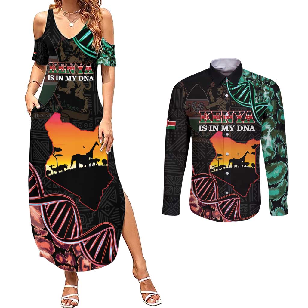 Kenya Is In My DNA Couples Matching Summer Maxi Dress and Long Sleeve Button Shirt Kenyan Map Happy Jamhuri Day - Wonder Print Shop