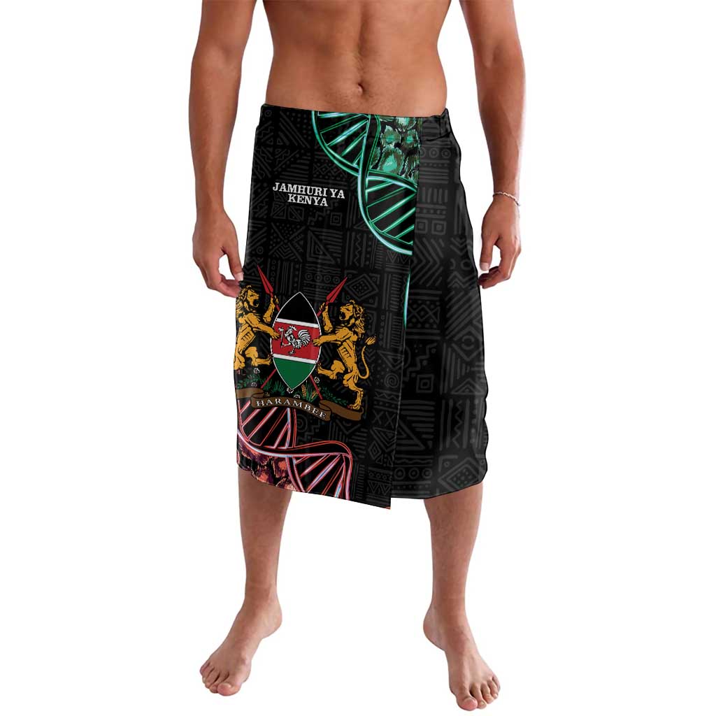 Black knee-length sarong with Jamhuri ya Kenya text and crest patch