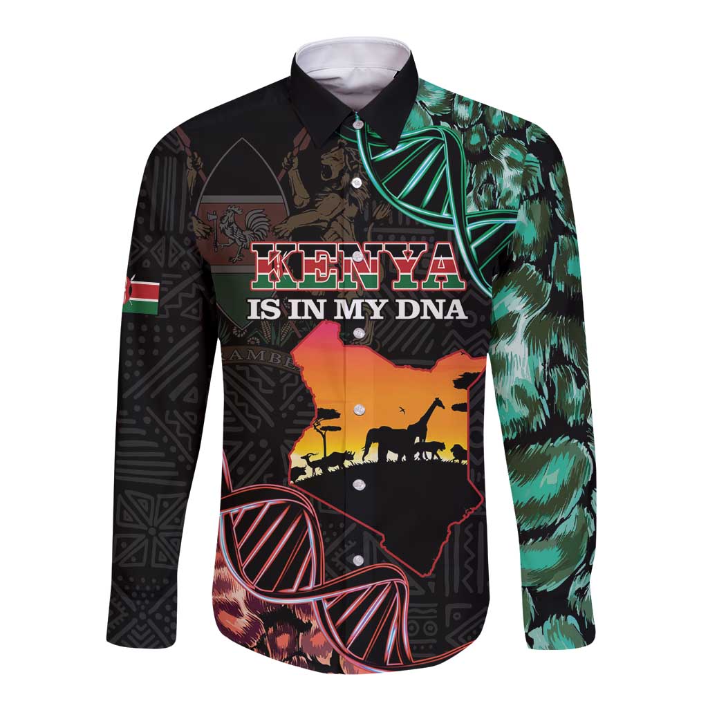 Black long sleeve button shirt with Kenya map graphic and colorful country text front
