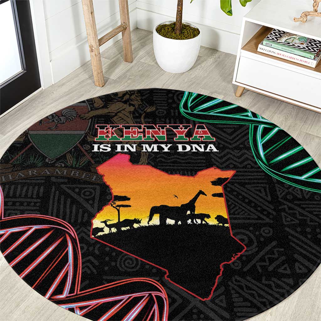 Round black Kenya map rug with “KENYA IS IN MY DNA” text and savanna animal silhouettes