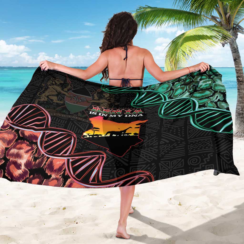 Black sarong with green map graphic, red sunglasses print, worn as wrap