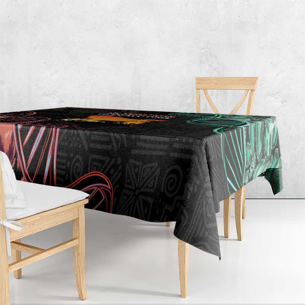Black Kenya map tablecloth with red and teal geometric accents, draped over dining table