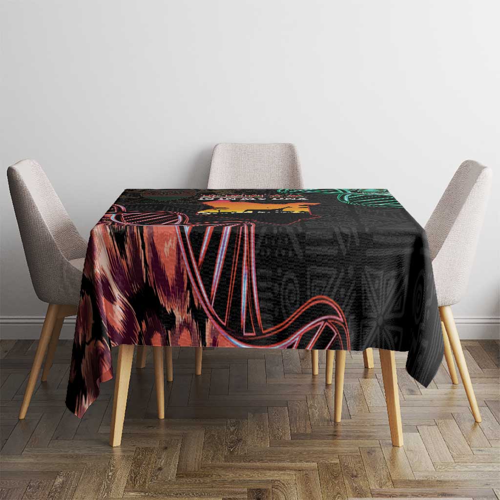 Black rectangular Kenya map tablecloth with red and teal graphic pattern