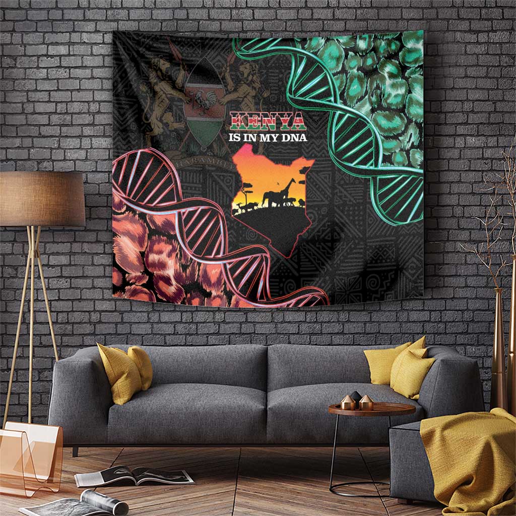 Kenya-themed tapestry wall hanging with orange Kenya map, 'KENYA IS IN MY DNA' and animal silhouettes