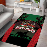 Kenya Proud safari animals area rug, red border pattern with green lions and “KENYA PROUD”
