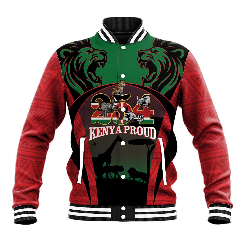 Unisex baseball jacket with red patterned sleeves and green front Kenya Proud print