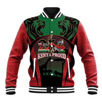 Unisex baseball jacket with red patterned sleeves and green front Kenya Proud print
