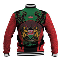 Unisex red baseball jacket with green/black lion shield back graphic