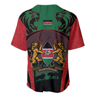 Red and green baseball jersey with lion graphics and Kenya flag center crest