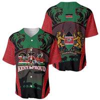 Front baseball jersey in red, green, and black with Kenya Proud text and lion art