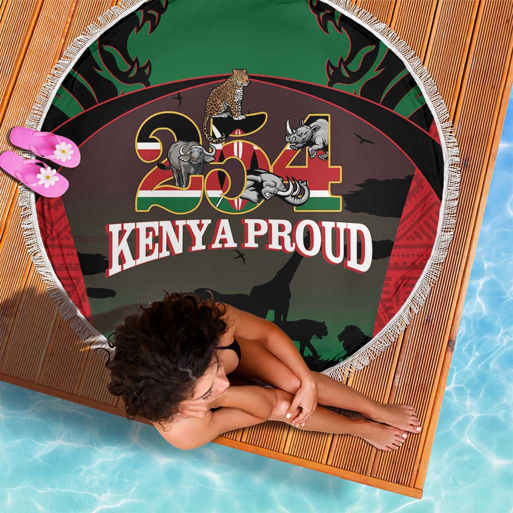 Round fringe beach blanket with safari animals and 'Kenya Proud' graphic in green/black