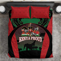 Kenya safari bedding set with red patterned pillowcases and large central Kenya Proud emblem