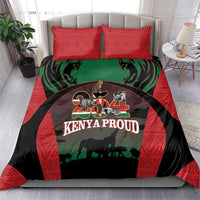 Red and black Kenya safari bedding set with green animal and lion graphic, matching pillowcases