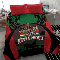 Kenya safari bedding set with red geometric border, green lion heads, and bold animal logo