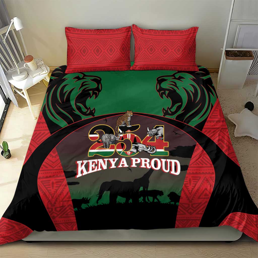 Red and black Kenya Proud bedding set with green leaf shapes and roaring lion graphic