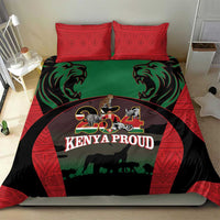 Red and black Kenya Proud bedding set with green leaf shapes and roaring lion graphic