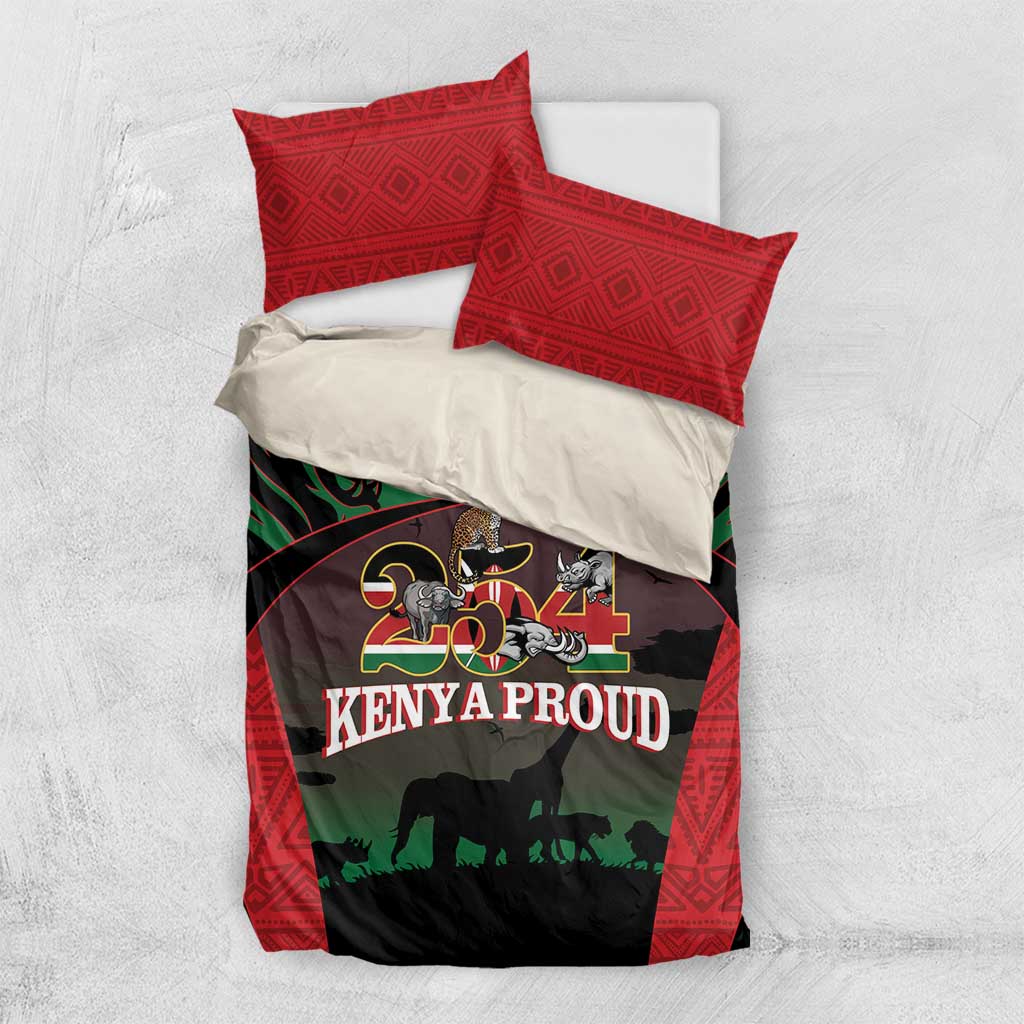 Red and black duvet cover bedding set with Kenya Proud emblem and matching red pillowcases