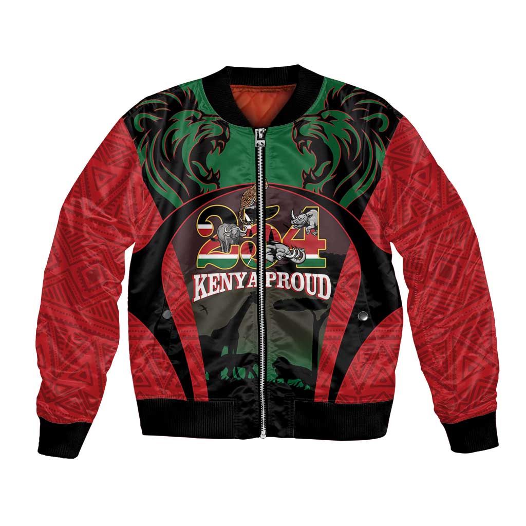 Unisex bomber jacket in red, black, and green with front lion graphic and zip.